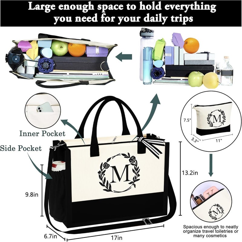YOOLIFE Gifts for Women - Initial Canvas Tote Bag Makeup Bag, Valentines Day Gifts for Women Teacher Mom Wife Friend Birthday - Image 5